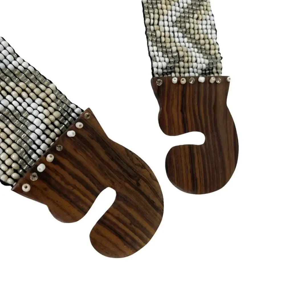 Vintage Hand-made Boho Belt Stretchy Beaded Bali Belt with Wooden Hook Buckle